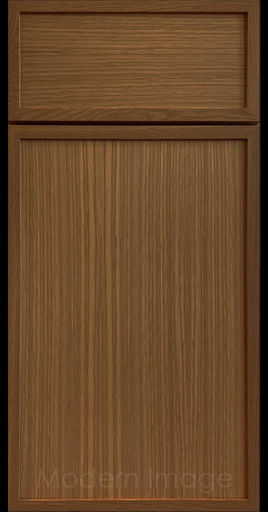 Close-up of a Brown Stain Arcadia shaker-style cabinet door, featuring slim stile & rail surrounding a flat center panel